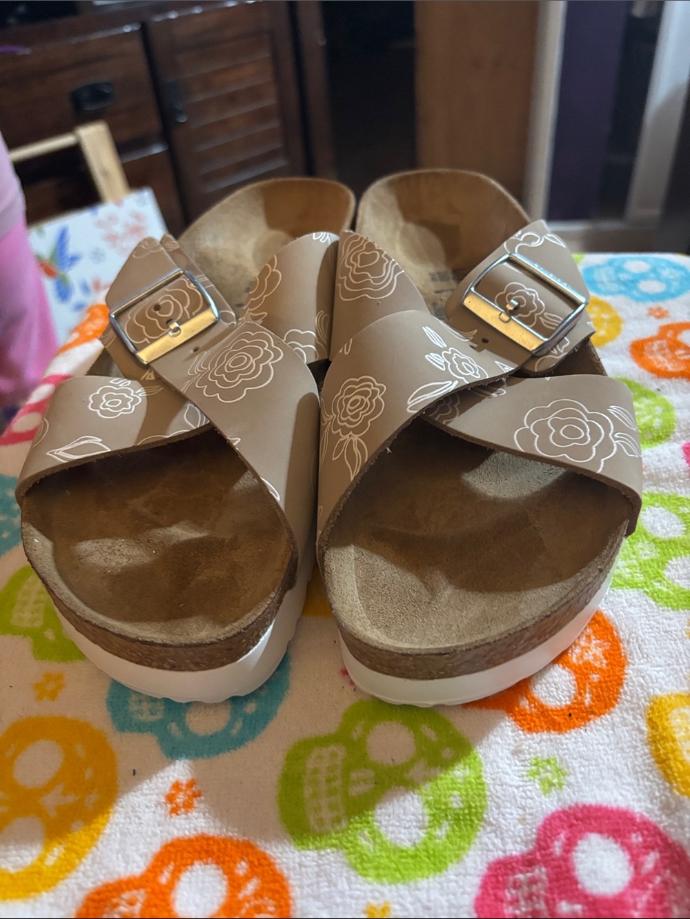 Women's Taupe Floral Buckle Slide Sandals